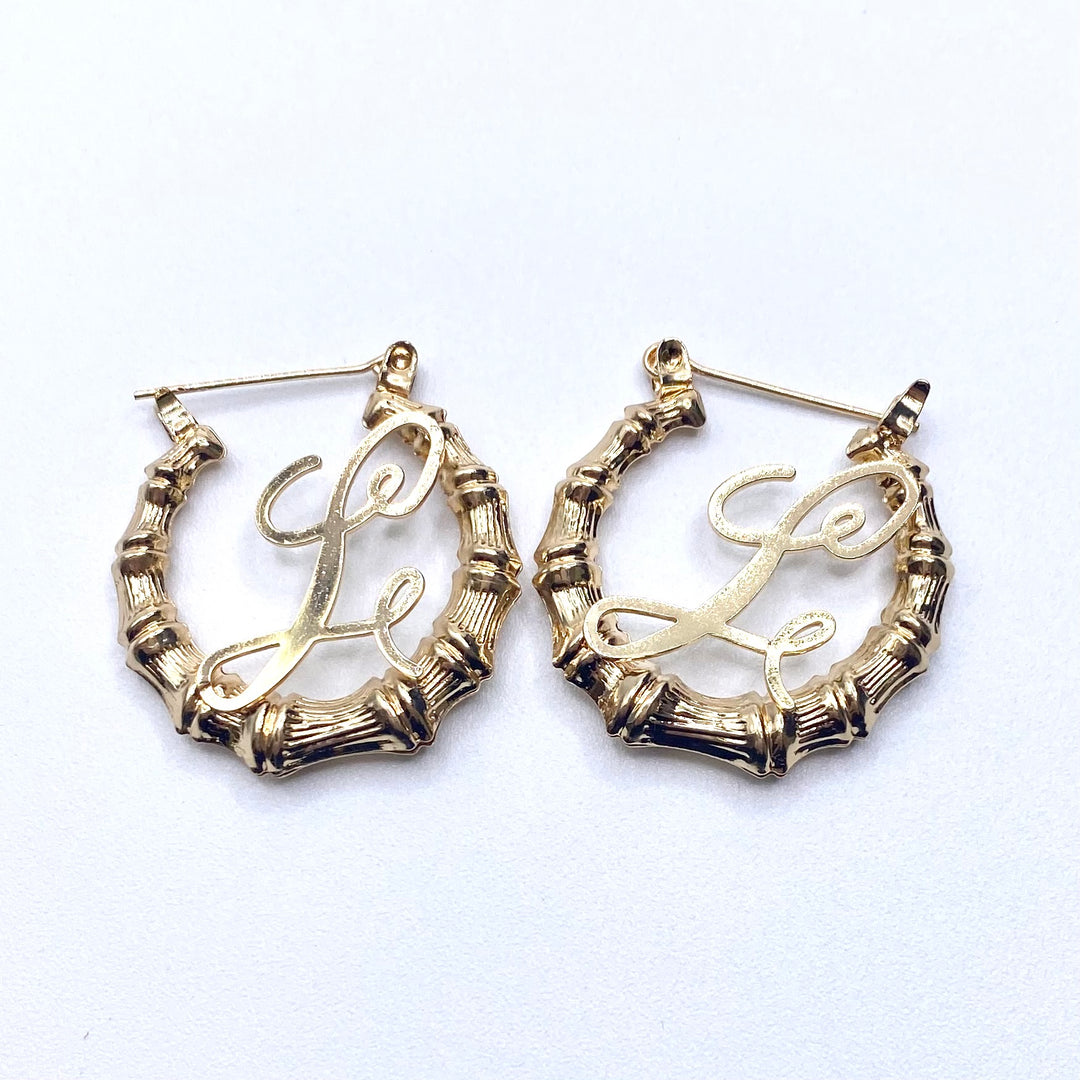 Earring Hoop Bamboo Initial Small Gold