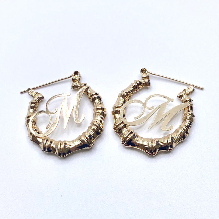 Earring Hoop Bamboo Initial Small Gold