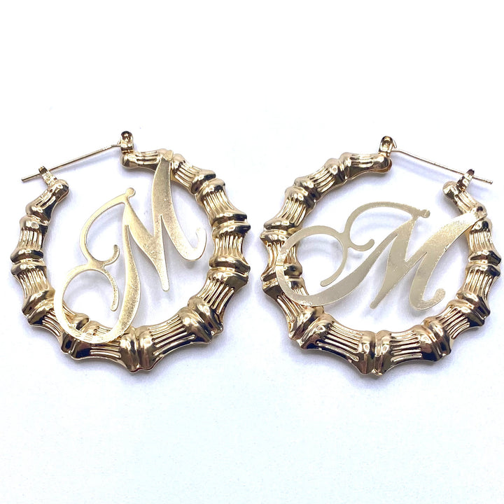 Earring Hoop Bamboo Initial Medium Gold