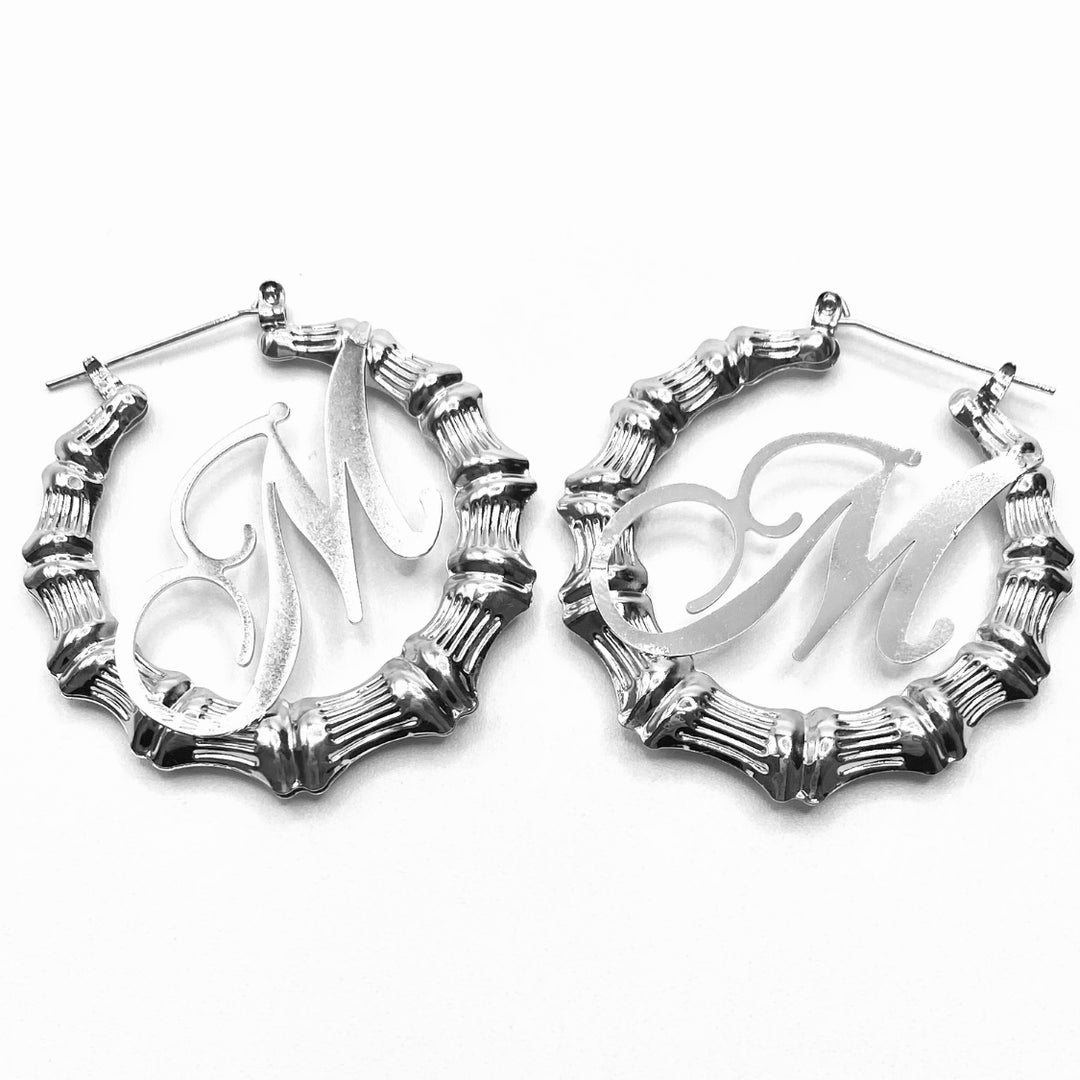 Earring Hoop Bamboo Initial Medium Silver