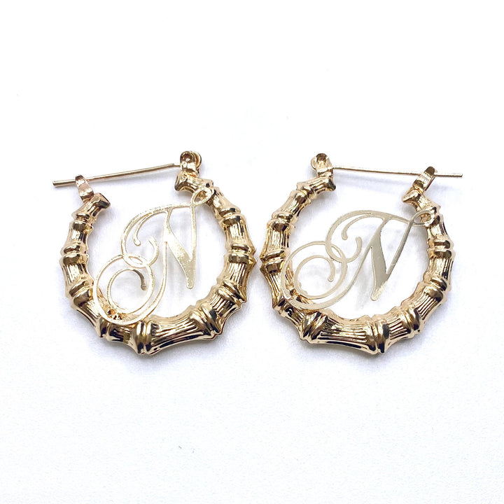 Earring Hoop Bamboo Initial Small Gold