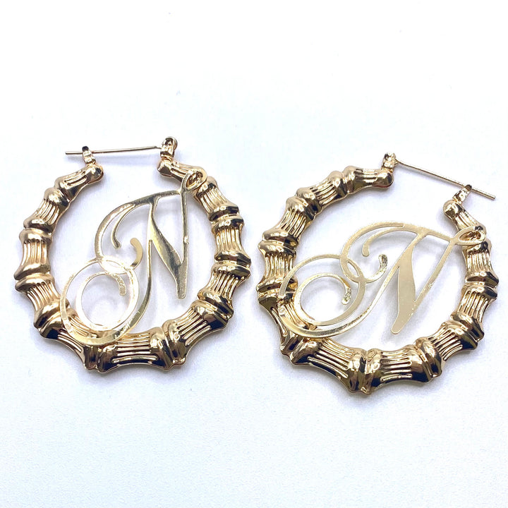 Earring Hoop Bamboo Initial Medium Gold