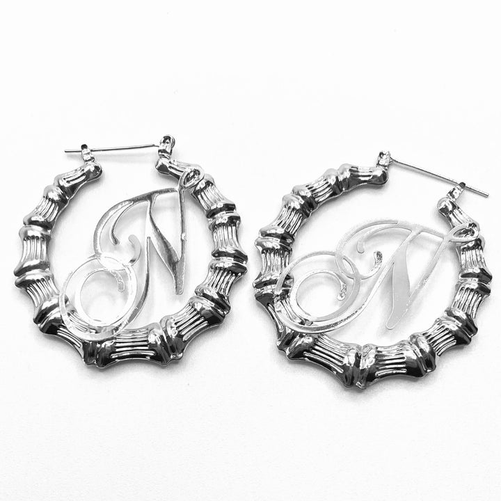 Earring Hoop Bamboo Initial Medium Silver