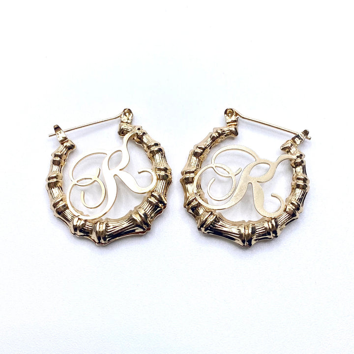 Earring Hoop Bamboo Initial Small Gold