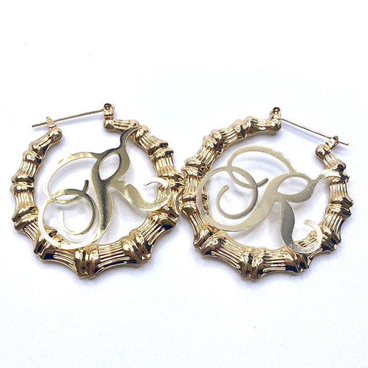 Earring Hoop Bamboo Initial Medium Gold