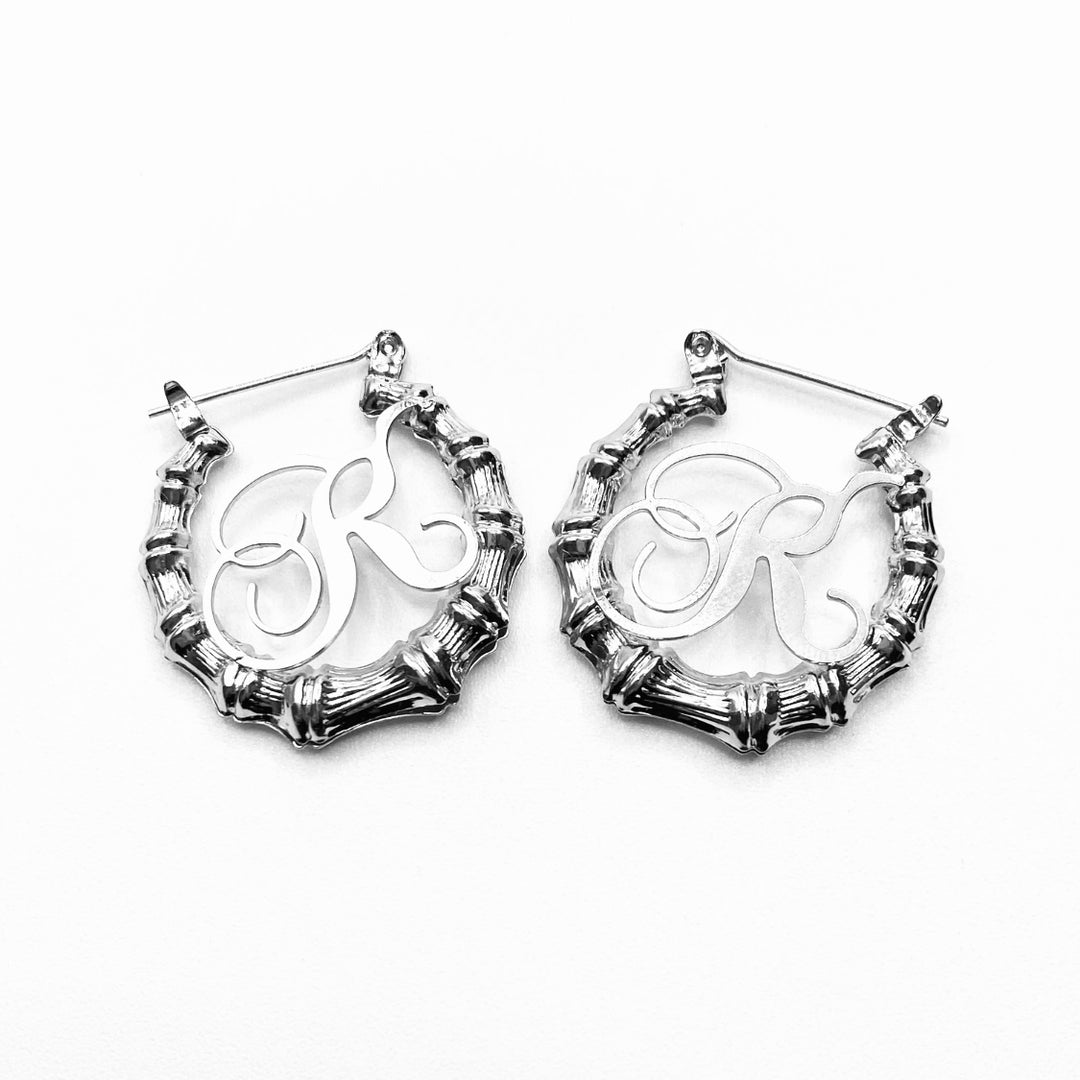 Earring Hoop Bamboo Initial Small Silver