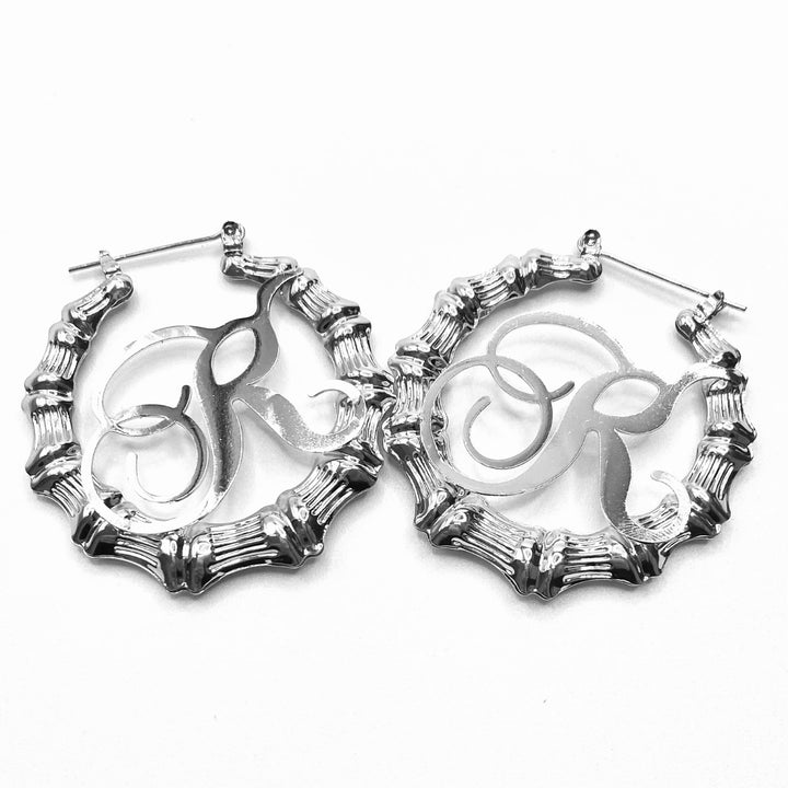 Earring Hoop Bamboo Initial Medium Silver