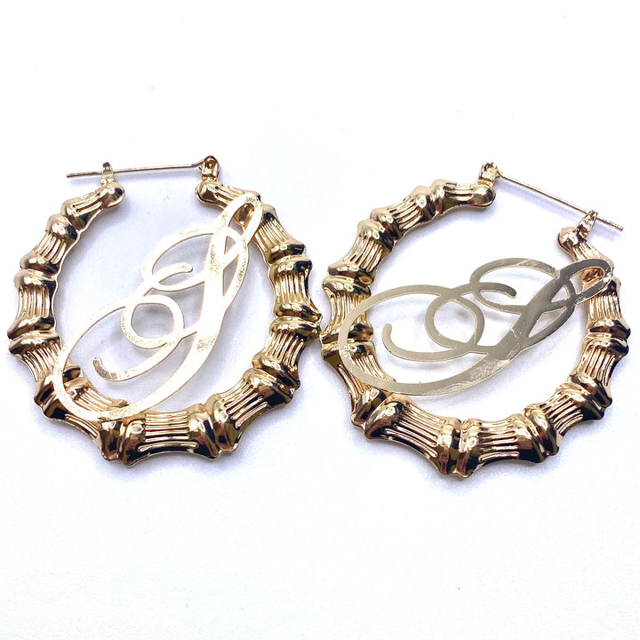 Earring Hoop Bamboo Initial Medium Gold