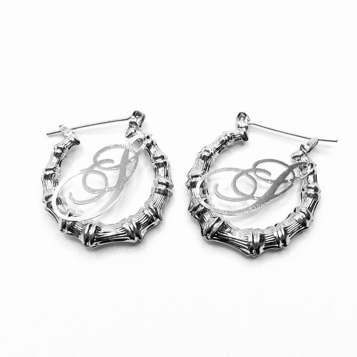 Earring Hoop Bamboo Initial Small Silver