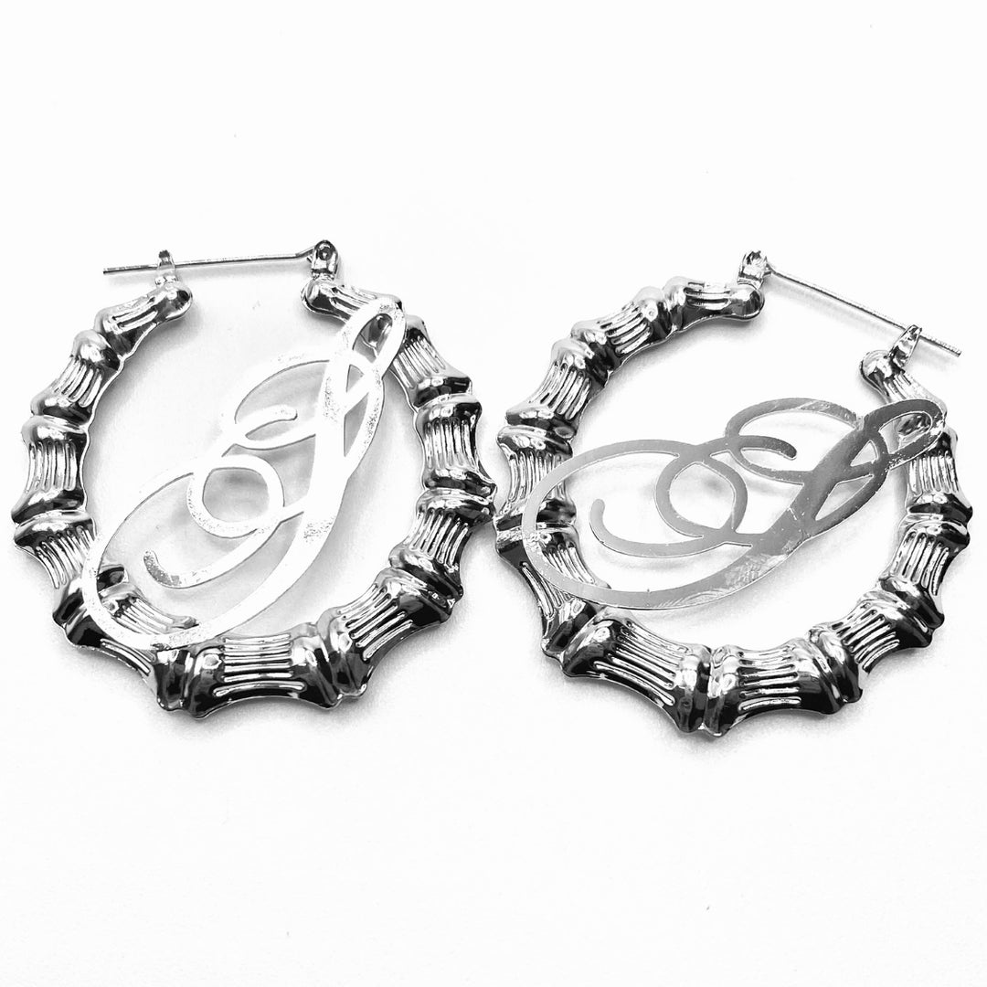 Earring Hoop Bamboo Initial Medium Silver