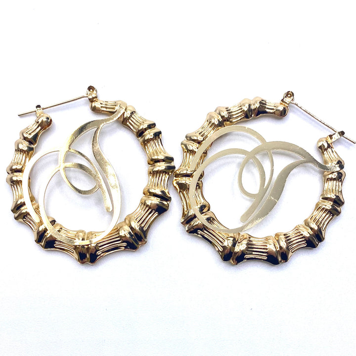 Earring Hoop Bamboo Initial Medium Gold