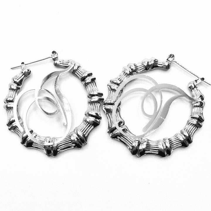 Earring Hoop Bamboo Initial Medium Silver