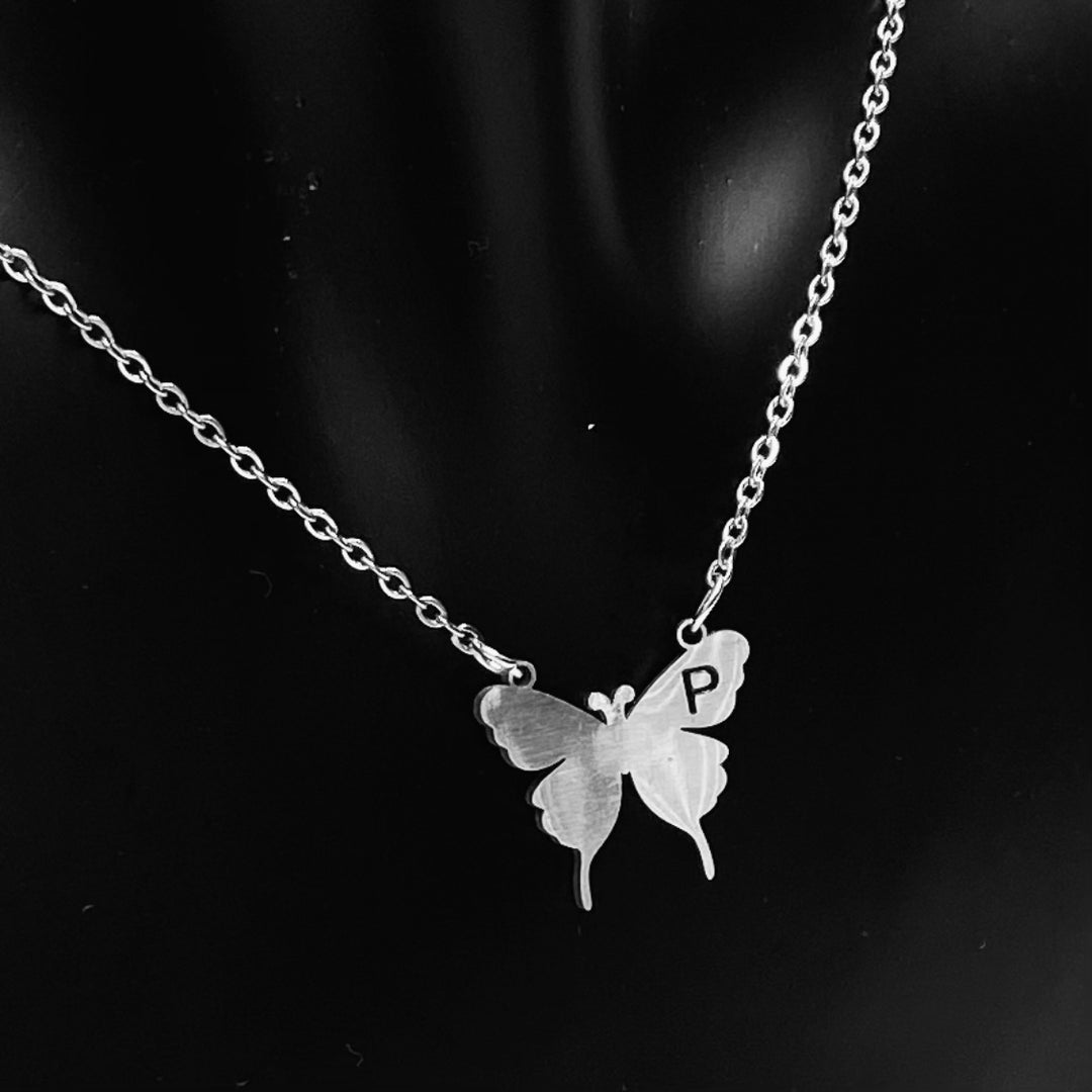 Necklace Charm Butterfly Initial Silver