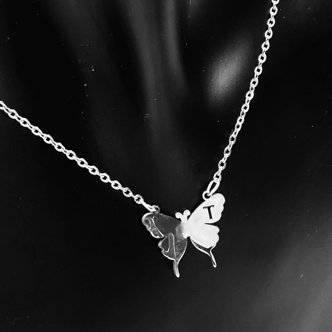 Necklace Charm Butterfly Initial Silver