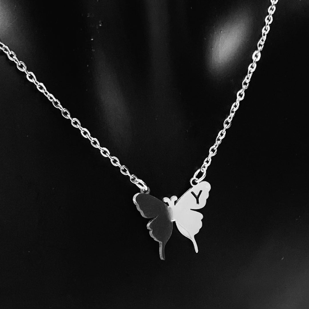 Necklace Charm Butterfly Initial Silver