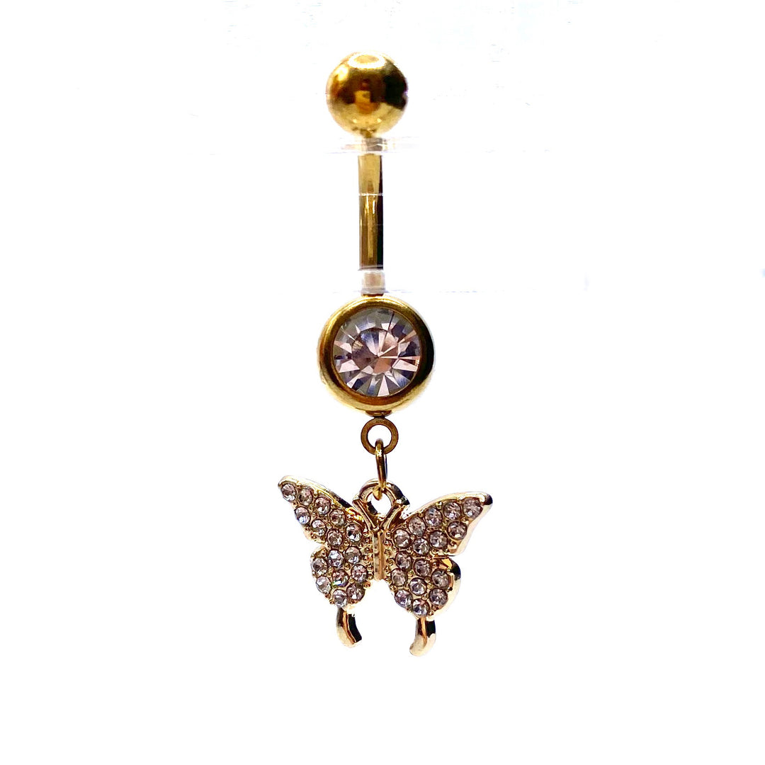 Belly Ring Belly Button Bar Dangle 316L Rhinestone Crystal Gold Butterfly