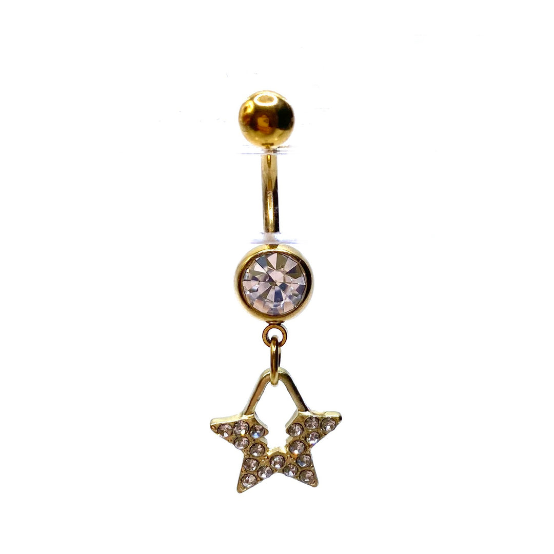 Belly Ring Belly Button Bar Dangle 316L Rhinestone Crystal Gold Star Lock