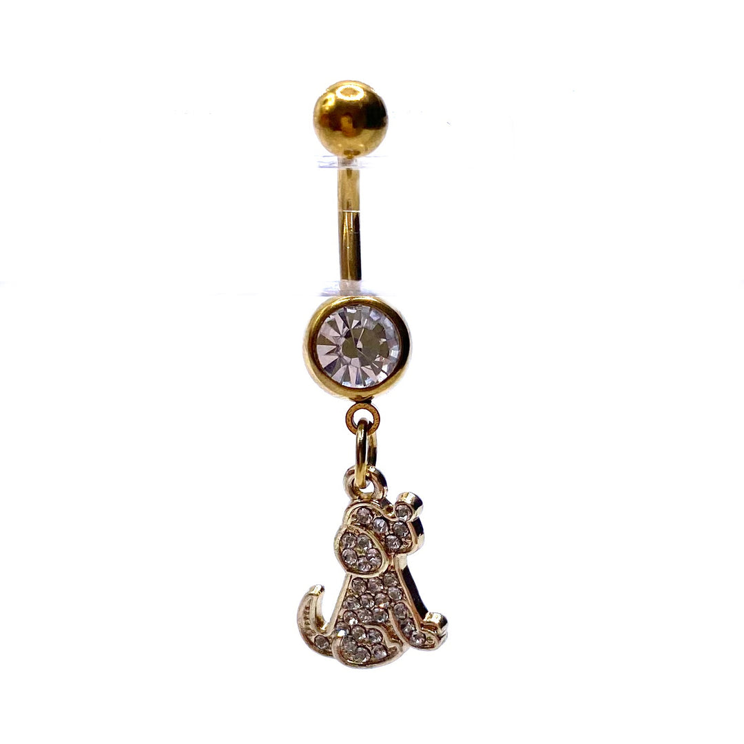 Belly Ring Belly Button Bar Dangle 316L Rhinestone Crystal Gold Dog