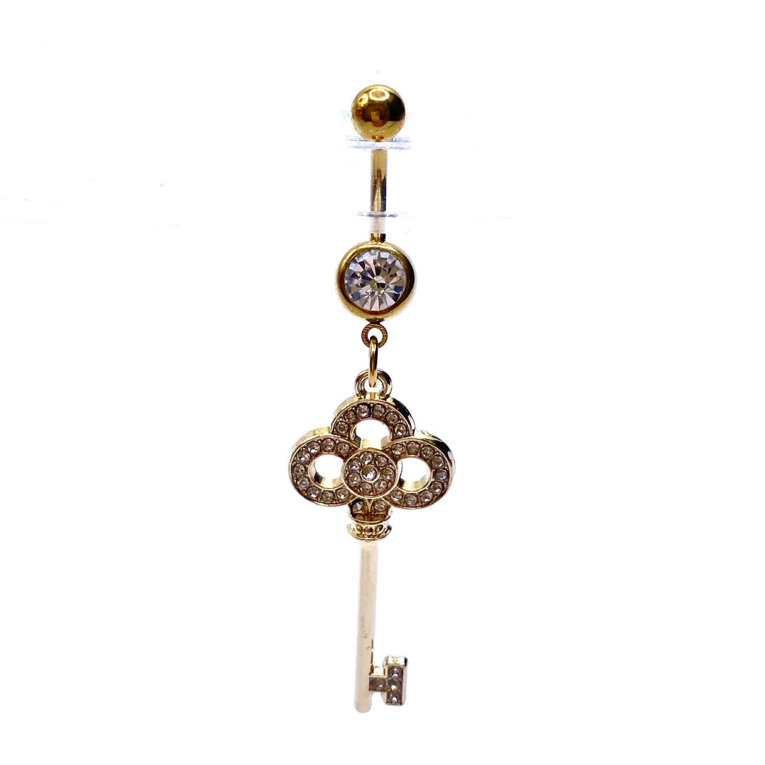 Belly Ring Belly Button Bar Dangle 316L Rhinestone Crystal Gold Key