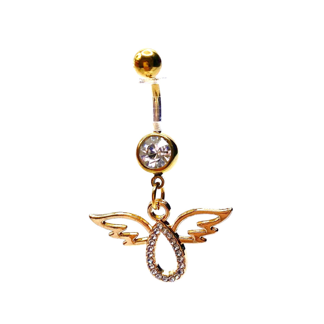 Belly Ring Belly Button Bar Dangle 316L Rhinestone Crystal Gold Angel