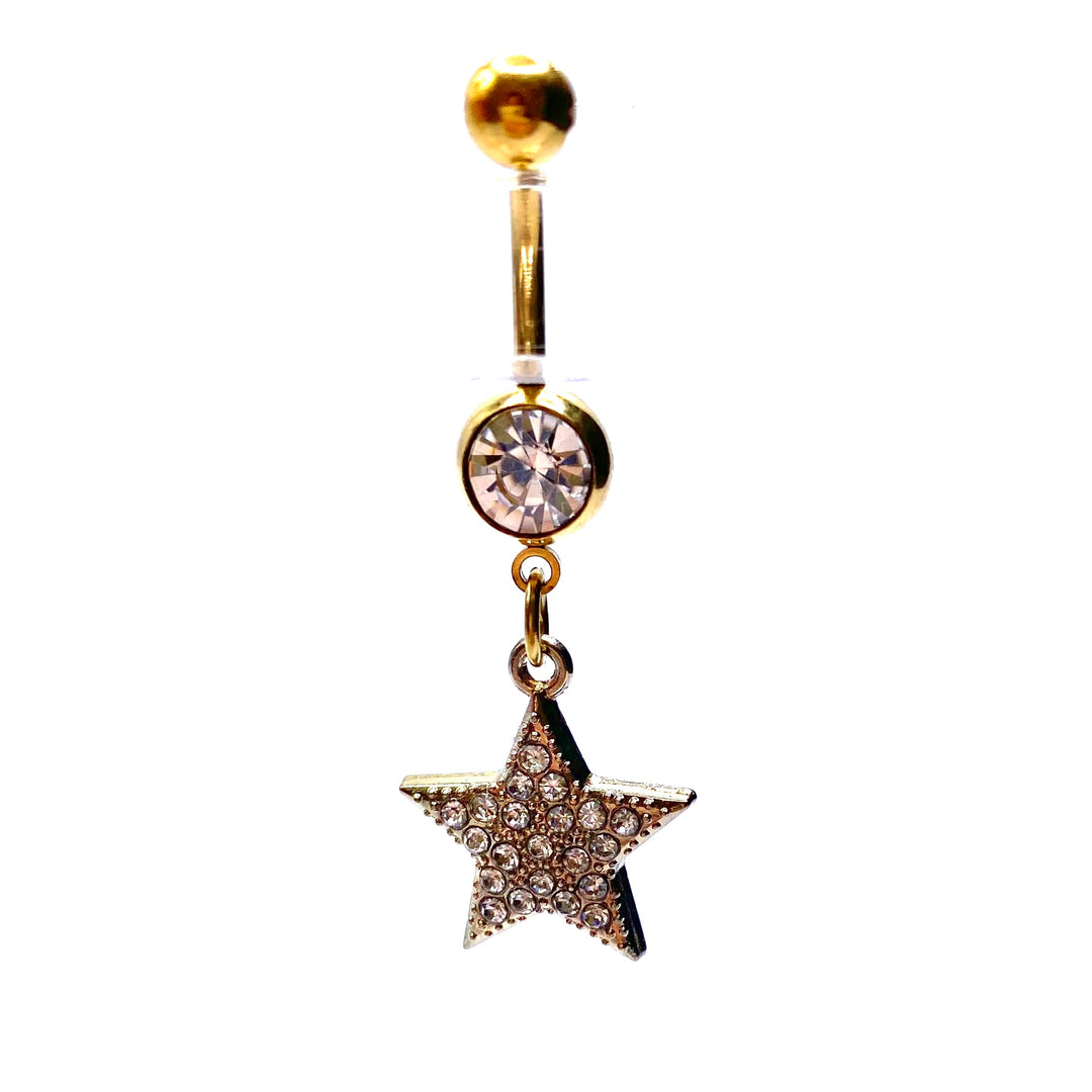 Belly Ring Belly Button Bar Dangle 316L Rhinestone Crystal Gold Star