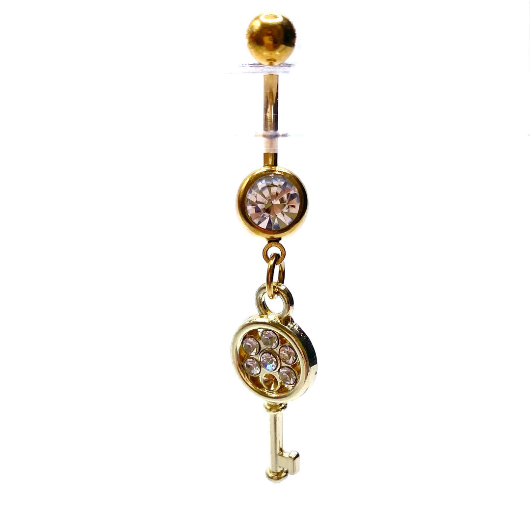 Belly Ring Belly Button Bar Dangle 316L Rhinestone Crystal Gold Key