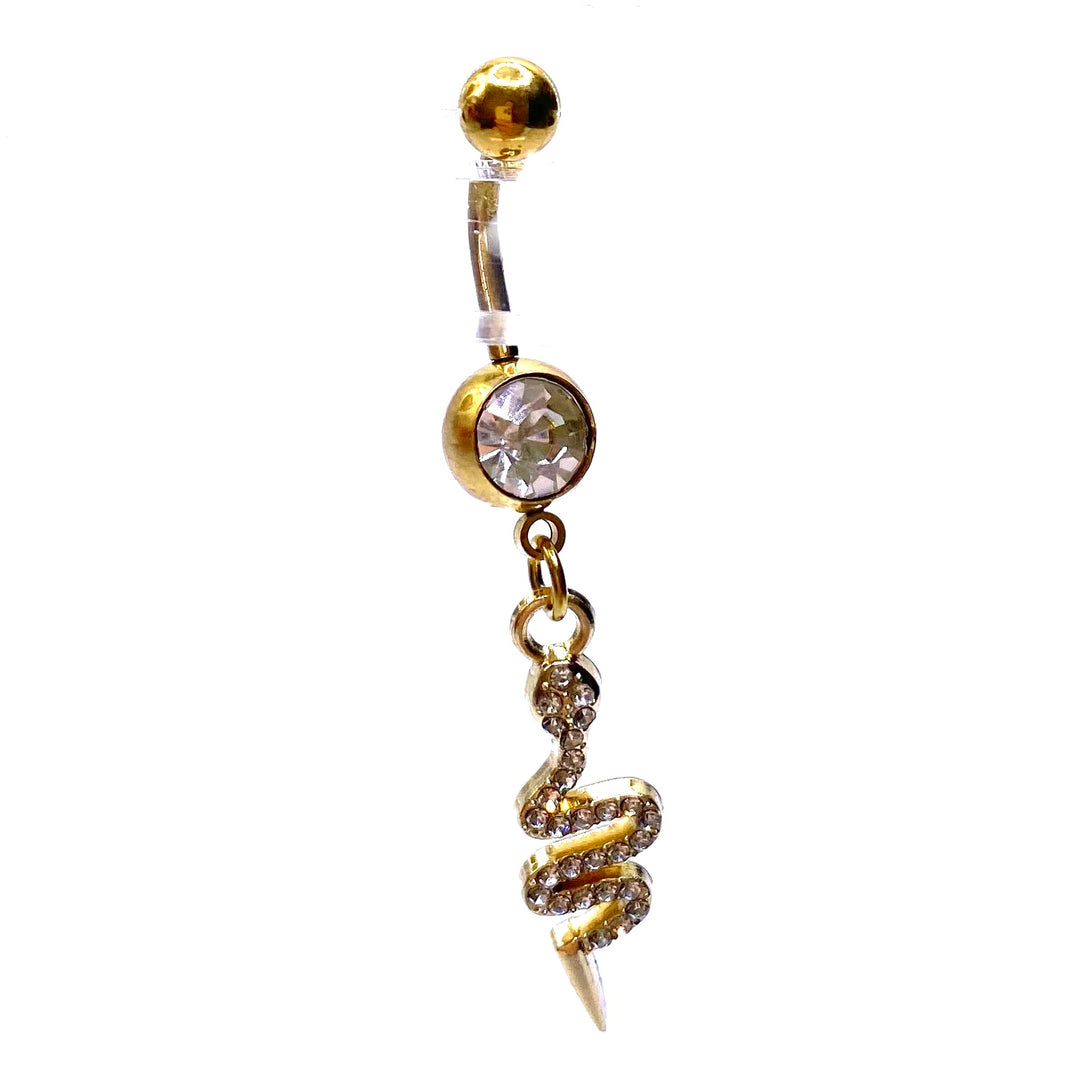 Belly Button Bar Ring Dangle 316L Rhinestone Crystal Gold Snake