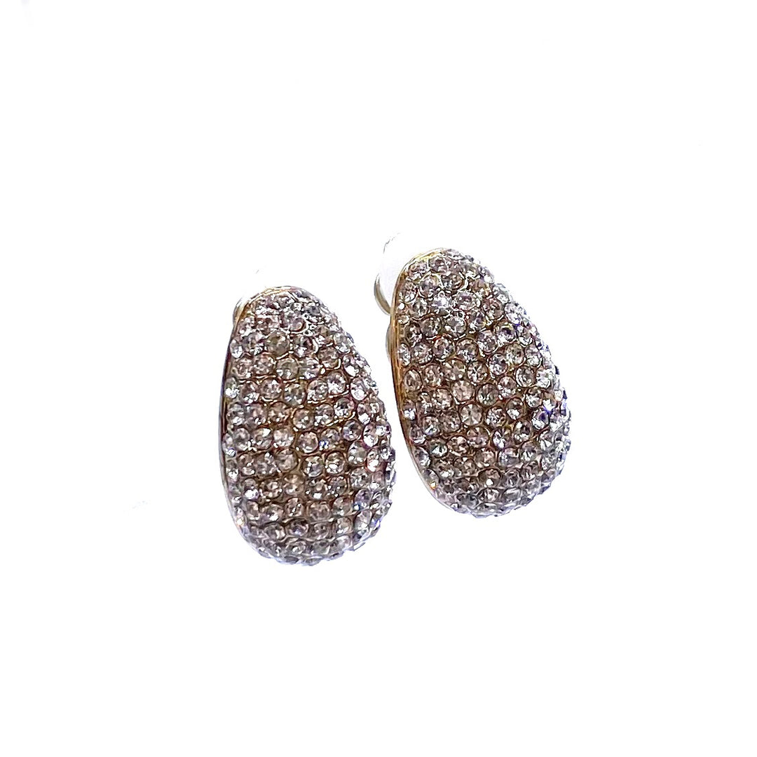 Earring CLIP on Pave Rhinestone Tear Oval