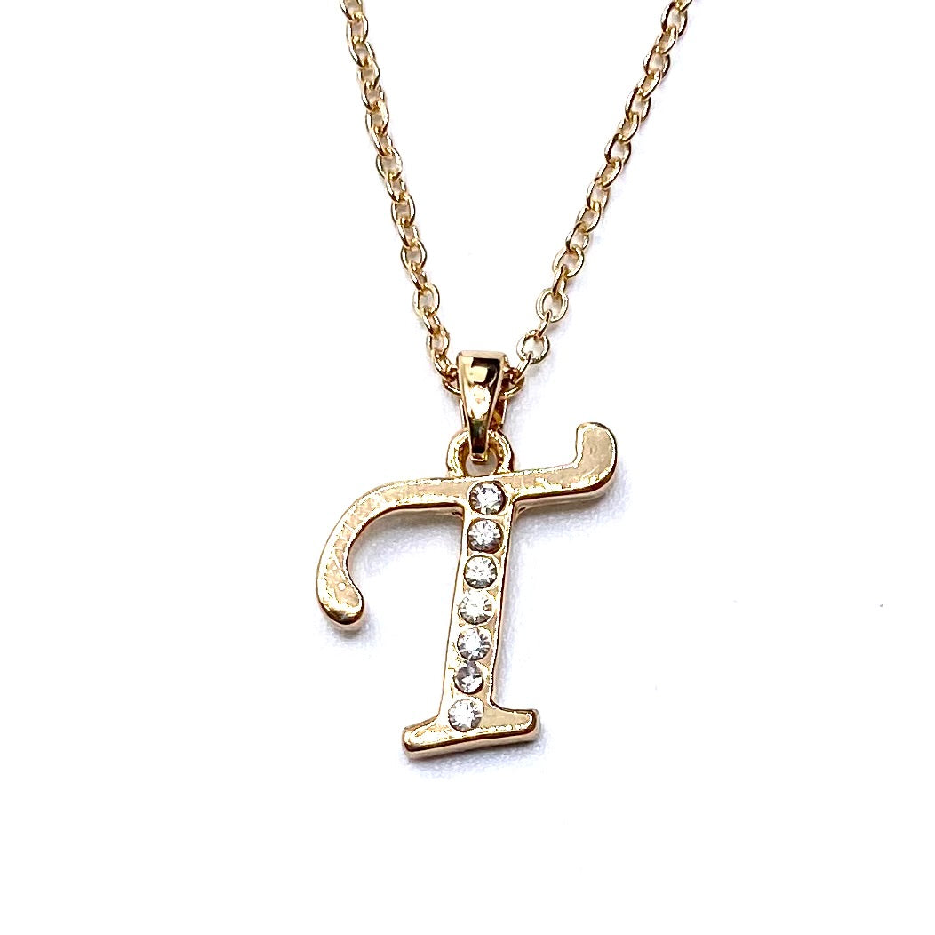 Necklace Charm Rhinestone Initial Gold