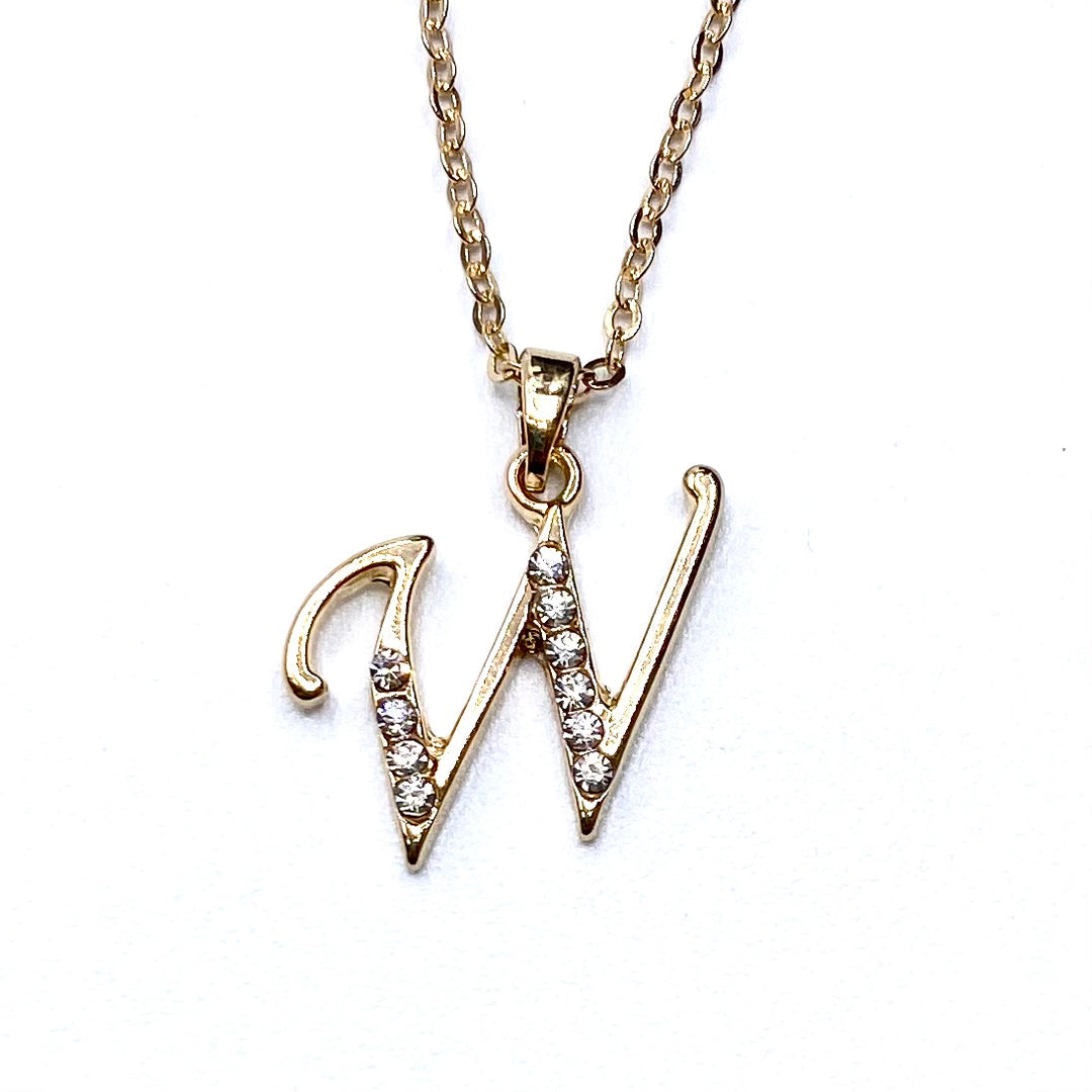 Necklace Charm Rhinestone Initial Gold