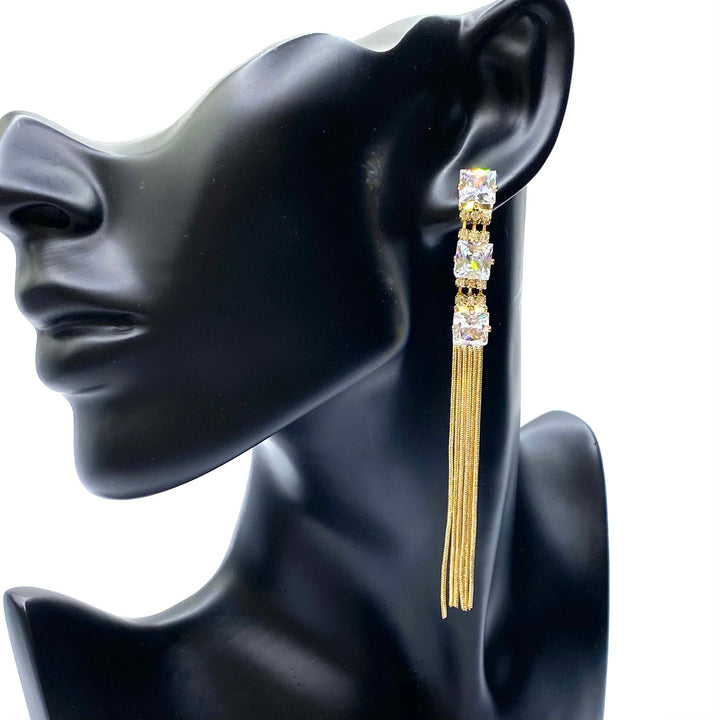 Long Earring Drop Metal Rhinestone Fringe