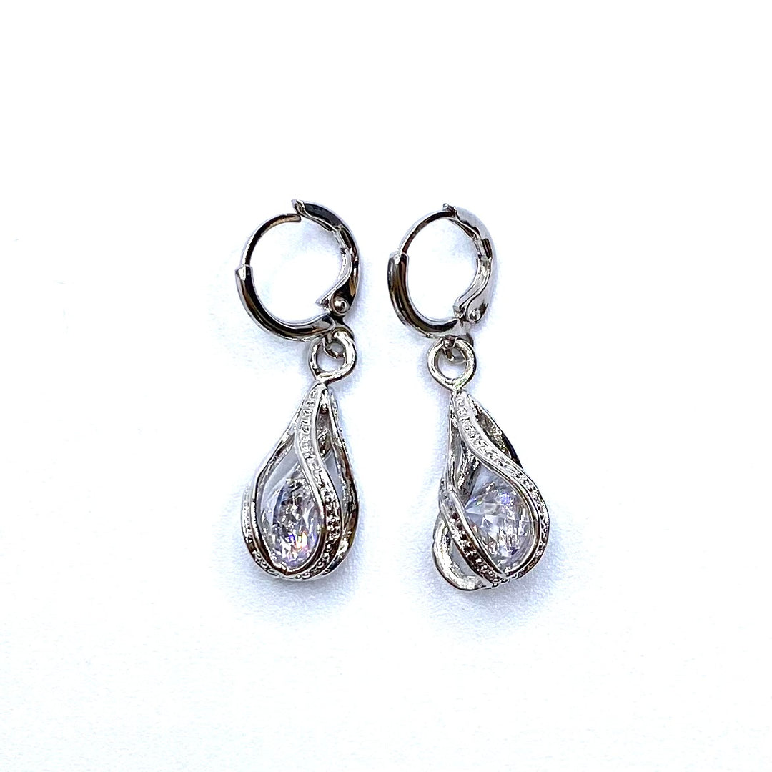 Earring Rhinestone Tear Drop Silver