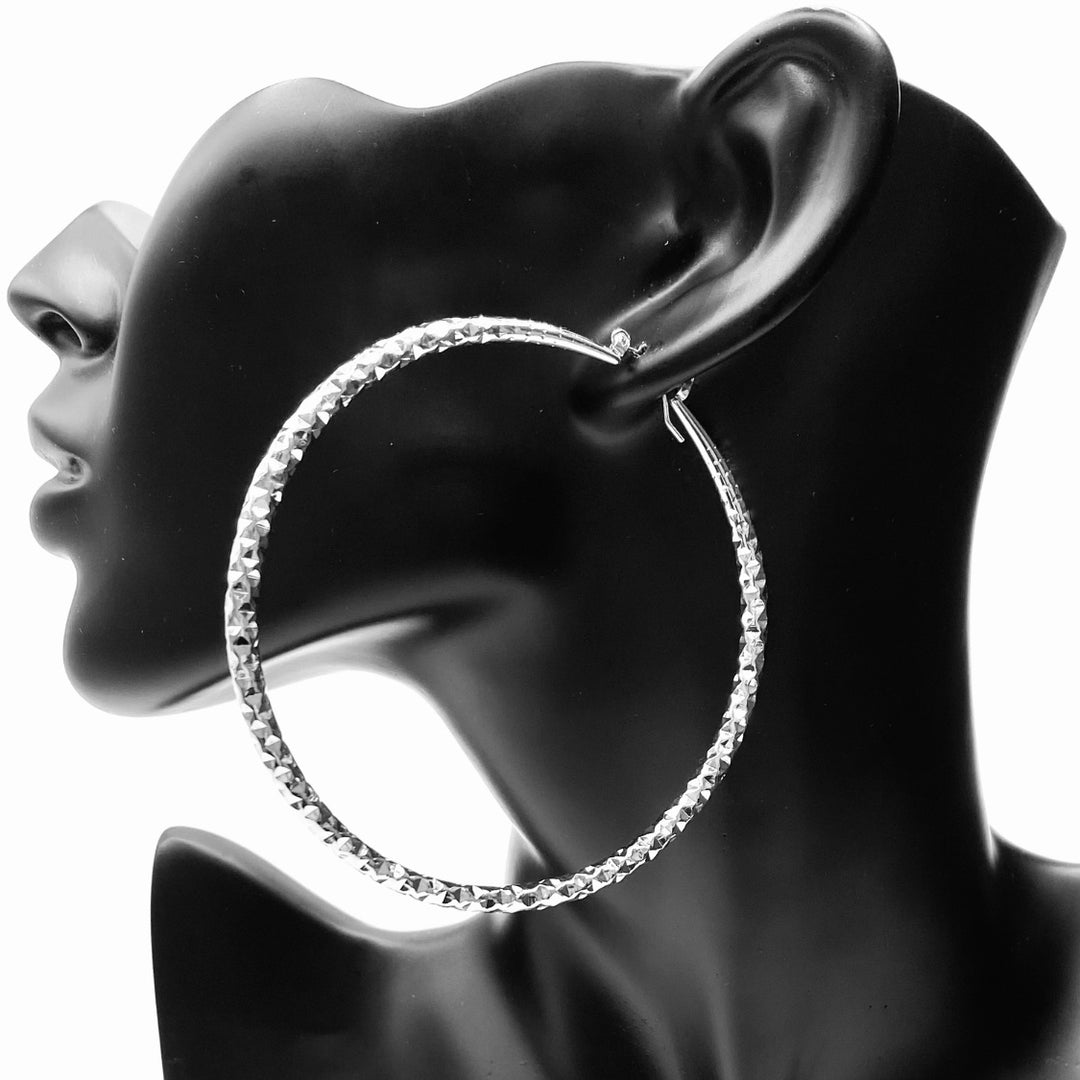 Earring Hollow Hoop Texture 3 inch Silver