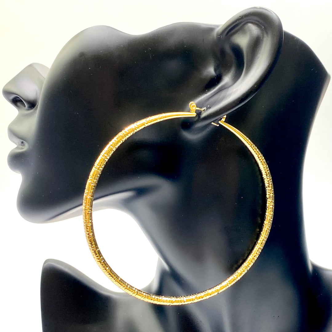 Earring Hollow Hoop Etched 3.5 inch Gold