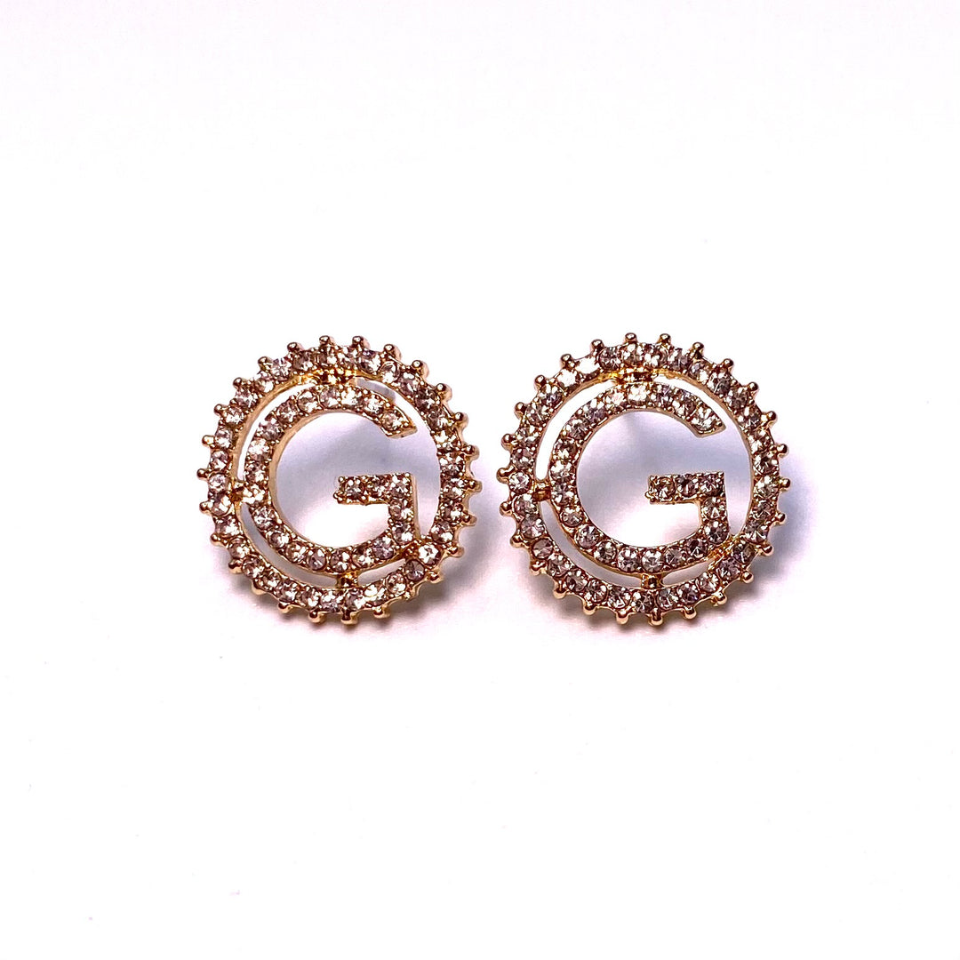 Earring Rhinestone Initial Letter Gold Clear