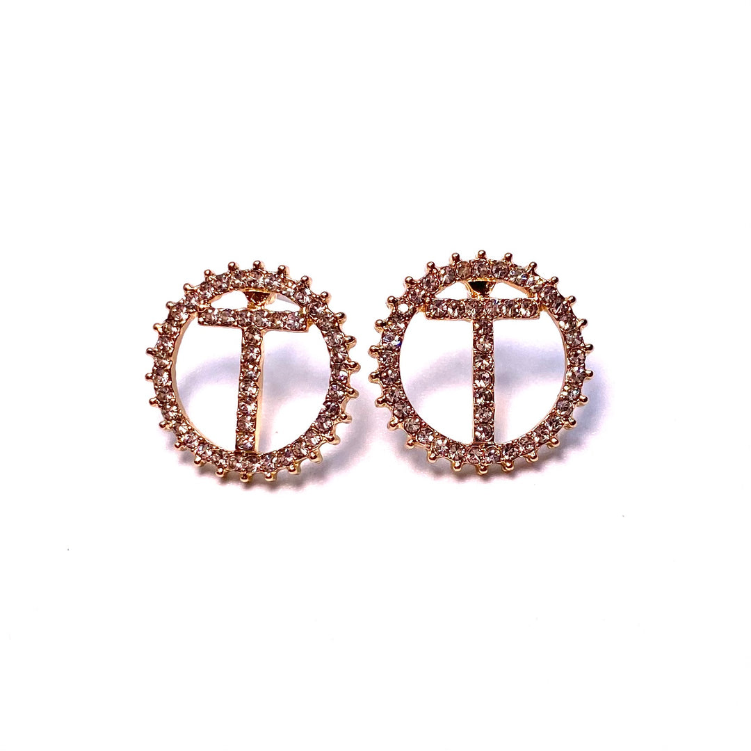 Earring Rhinestone Initial Letter Gold Clear