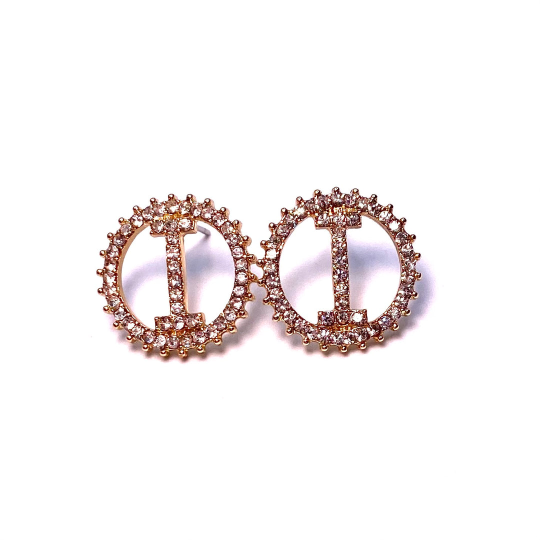 Earring Rhinestone Initial Letter Gold Clear