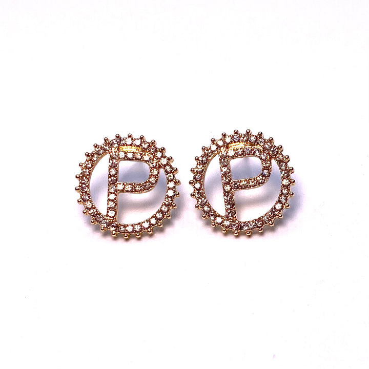 Earring Rhinestone Initial Letter Gold Clear