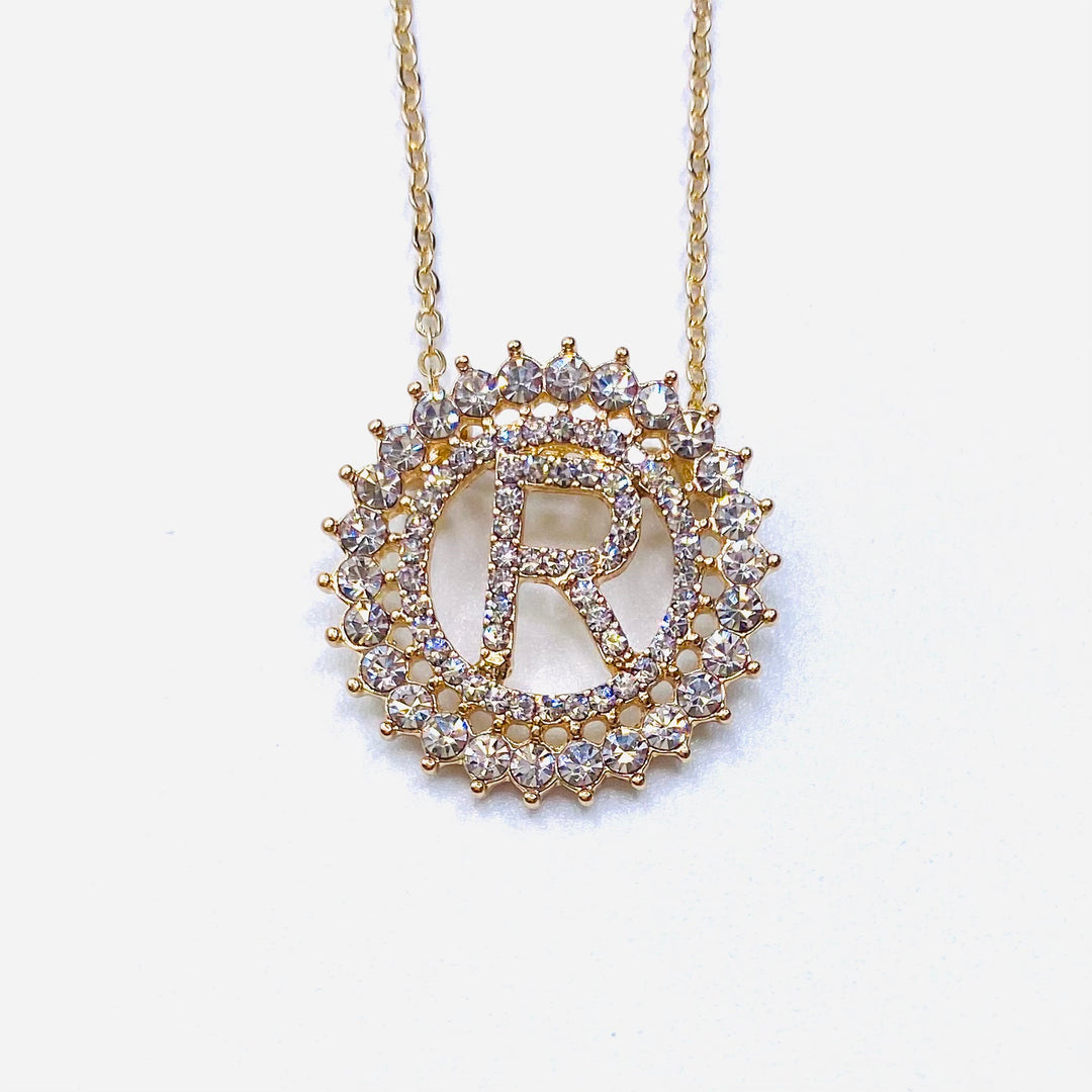 Necklace Charm Initial Rhinestone Gold Clear