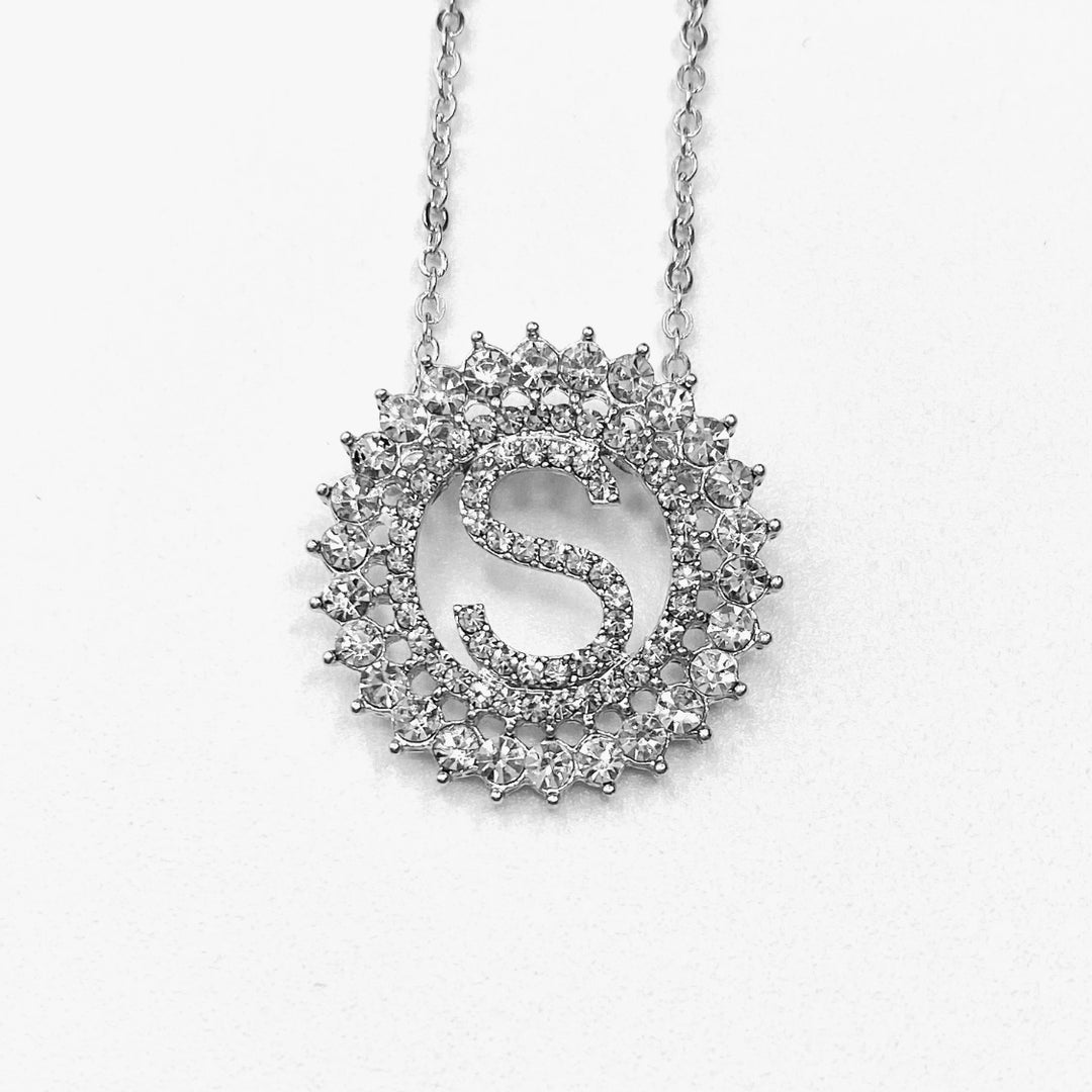 Necklace Charm Initial Rhinestone Silver Clear