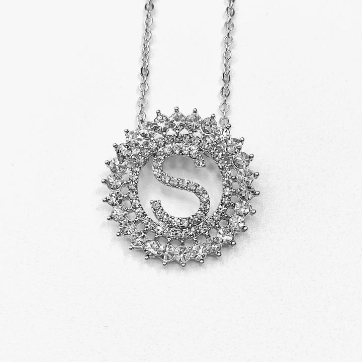 Necklace Charm Initial Rhinestone Silver Clear