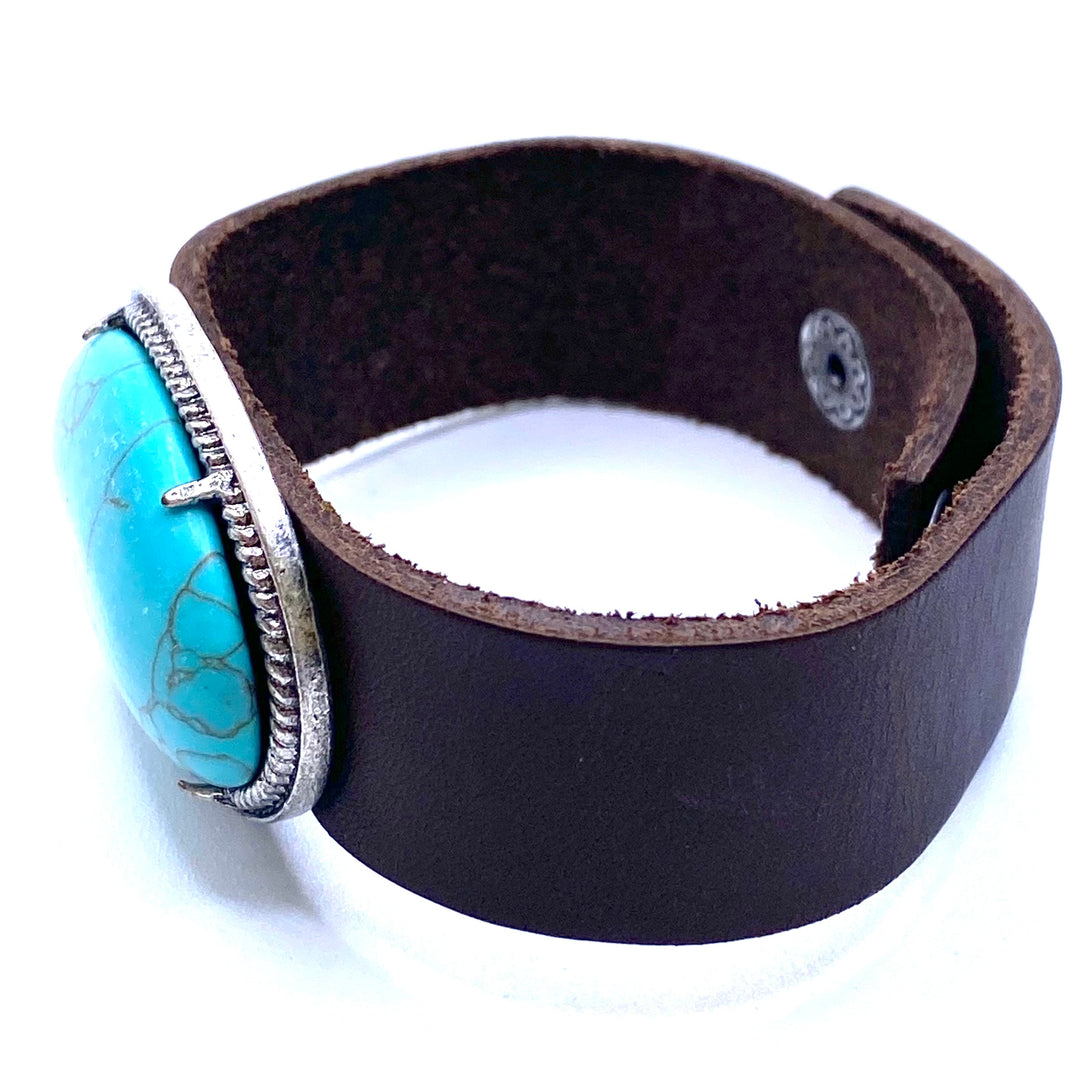 Bracelet Faux Leather Brown Turquoise Stone