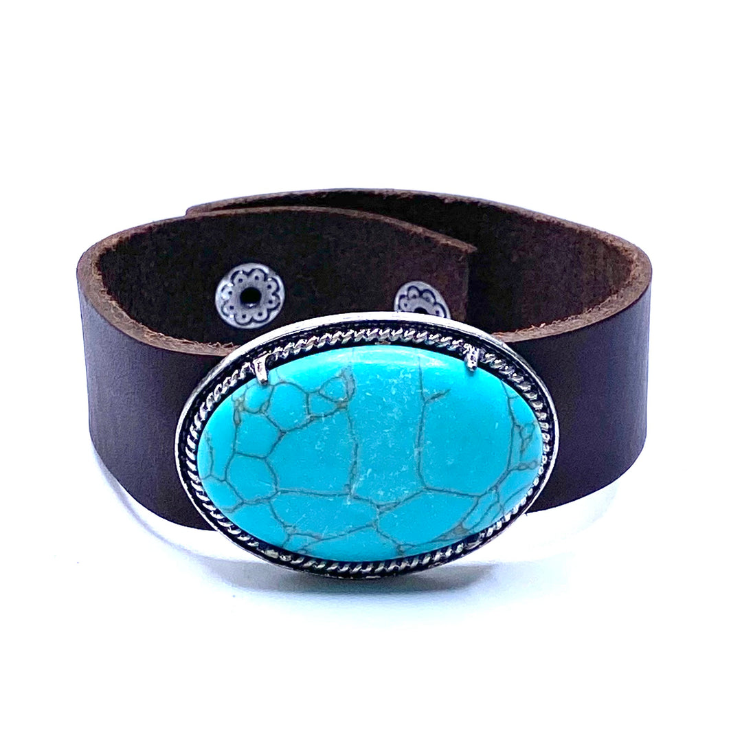 Bracelet Faux Leather Brown Turquoise Stone