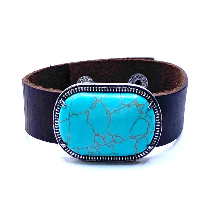 Bracelet Faux Leather Brown Turquoise Stone