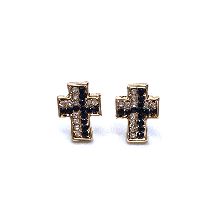 Earring Stud Metal Rhinestone Cross Black Clear