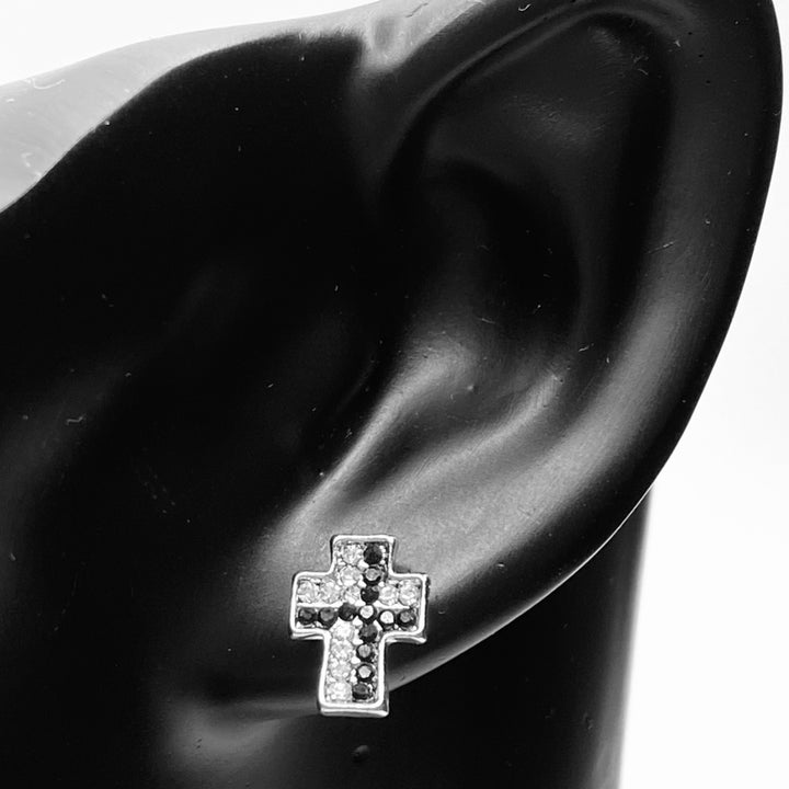 Earring Stud Metal Rhinestone Cross Black Clear