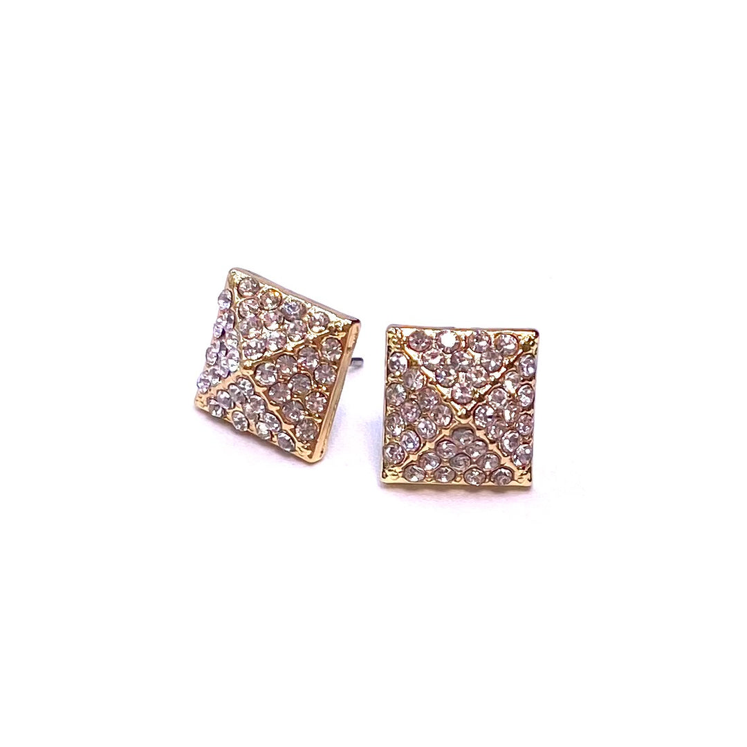 Earring Stud Metal Rhinestone Square