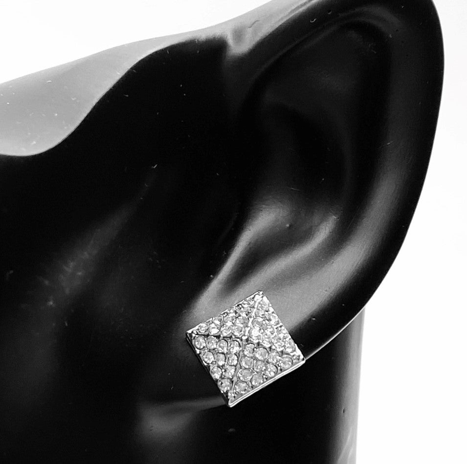 Earring Stud Metal Rhinestone Square