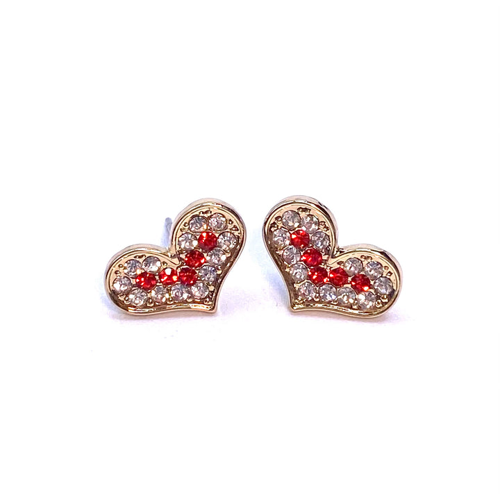 Earring Stud Metal Rhinestone Heart Gold Clear Red