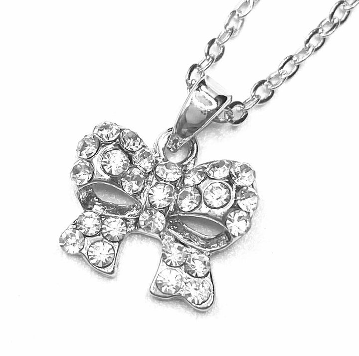 Necklace Charm Rhinestone Bow Silver Clear